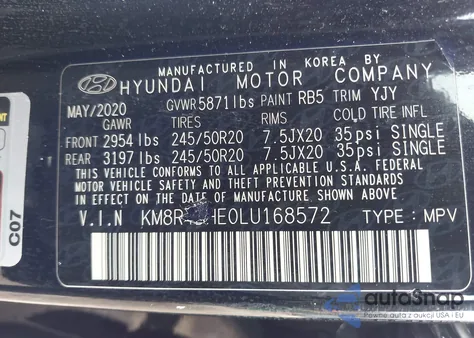 2020 Hyundai Palisade Sel z USA, uszkodzony, nr VIN KM8R4DHE0LU168572